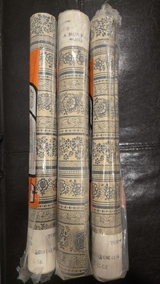 Vintage Strahan Wallpaper Blue Floral Striped Washable Easy Hang 3 Rolls