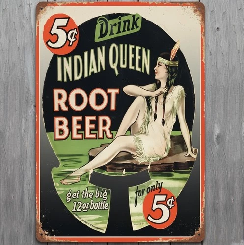 Drink Indian Queen Root Beer 8 x 12 Vintage Novelty Metal Sign Made In USA New!