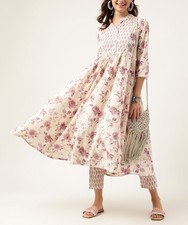 White Purple Floral Cotton Flared Kurta Pant Set for Women Ethnic Plus Size