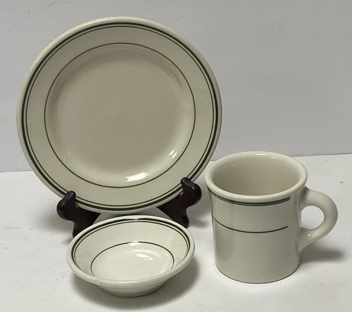 3 Lot HLC Homer Laughlin Mug Cup Fruit Dish Lunch Plate Green Stripe Restaurant
