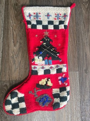 Vintage Hand-Knitted Christmas Stocking Red with Tree & Granny Squares Decorated