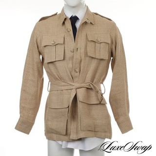 LNWOT Ovadia & Sons 100% Linen Sand Mocha Houndstooth Belted Safari Coat M NR