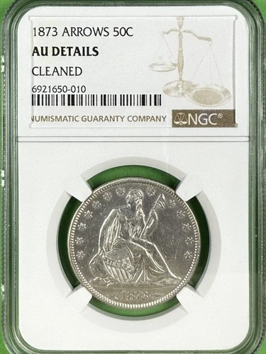 1873 Seated Liberty Half Dollar, Type 6 Motto w/Arrows - NGC Graded AU Detail