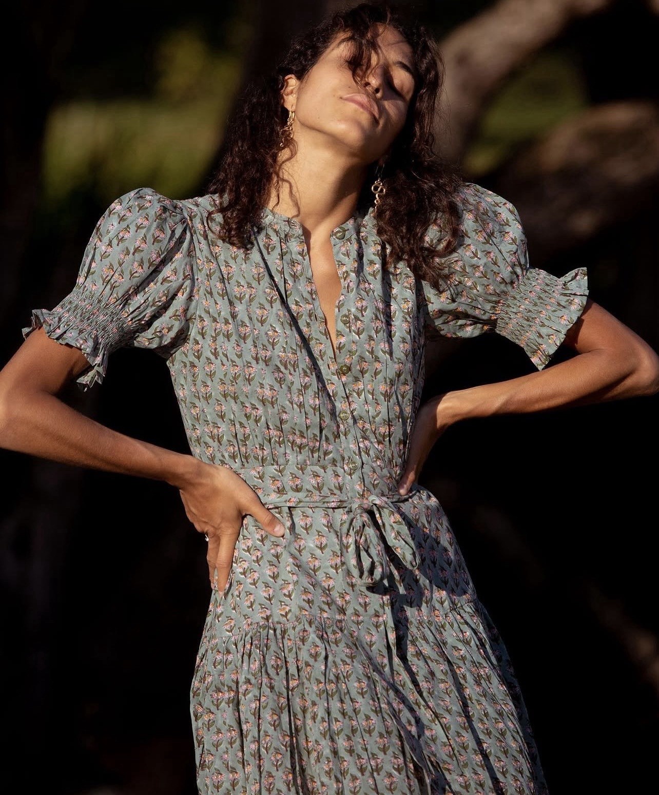 Daughters of India Sage Floral Cotton Button Front Belted Maxi Dress XS