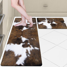 Western Cowhide Kitchen Rugs Set of 2 Black Brown Cow Print Rugs Anti Fatigue Ma