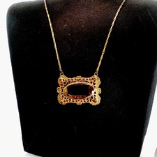 Vintage Art Deco Amber Glass Brass Filigree Pendant Necklace Statement Jewelry