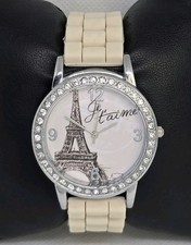 Women's Eiffel Tower Paris J'taime Rhinestone Bezel White Silicone Band Watch 6