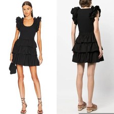 ULLA JOHNSON Hanna Ruffle-Trim Tiered Mini Dress Black Party Quiet Luxury Size 6