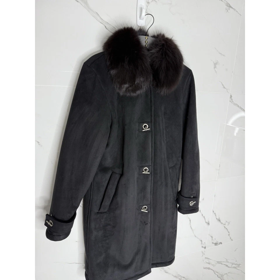 Dana Buchman 正品毛皮装饰黑色大衣人造麂皮绒经典 Penny Lane 女式 S — 第 2/4 张图片