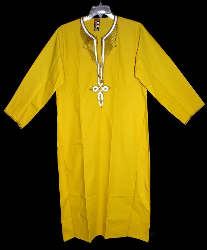 Vin Men's Thobe Kaftan by Saggy Egyptian Cotton Embroidered Mustard Color New