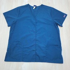 Cherokee Workwear Scrub Flex Top Blue Snap Front V-Neck Pockets Large