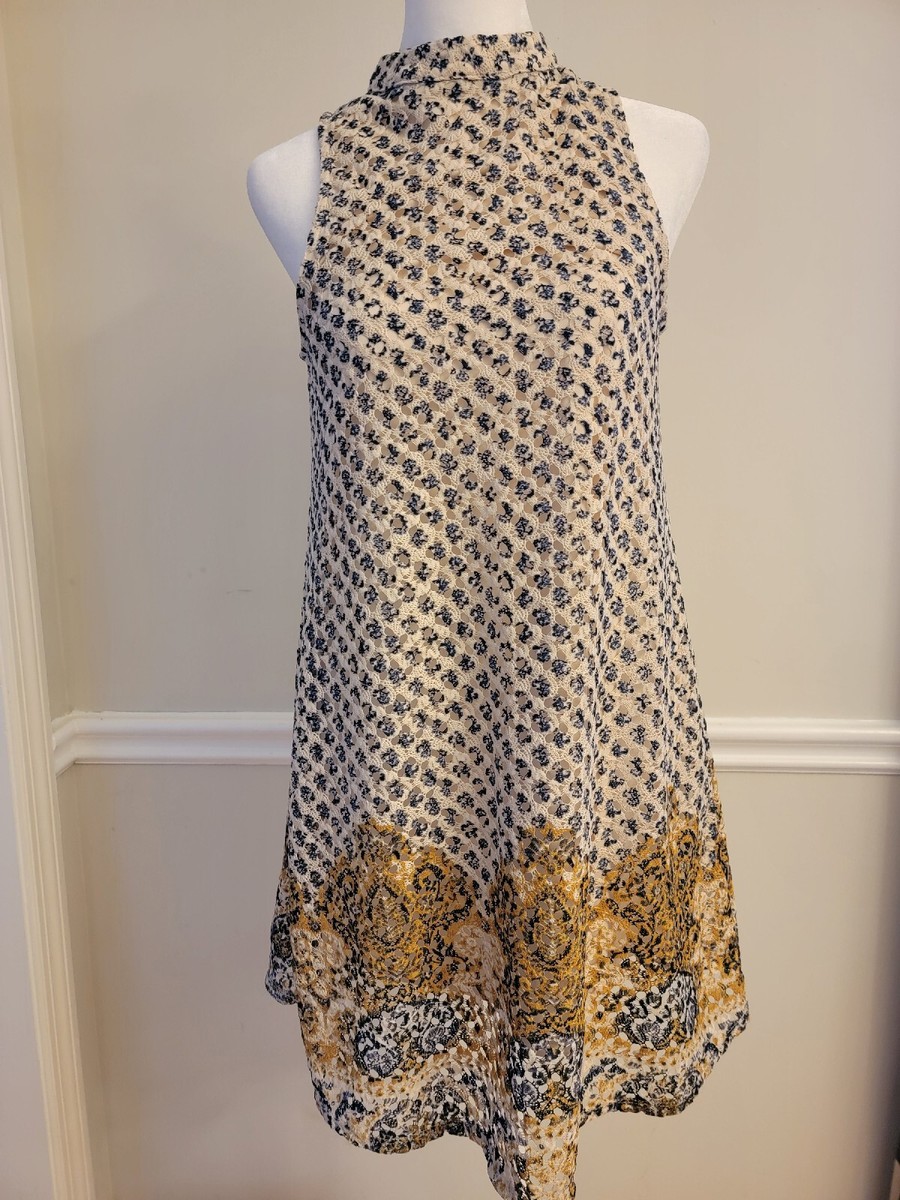 Love Fire High-neck Shift Dress With Keyhole Back Cream Navy Yellow Lace XS