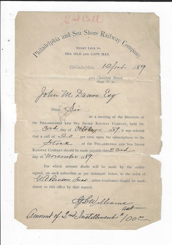 NEW JERSEY 1889 Philadelphia & Sea Shore Railway Co Sea Isle & Cape May