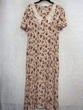 Vintage Floral Maxi Dress M Button Up Lace Collar Pastel Peach Flutter Sleeves