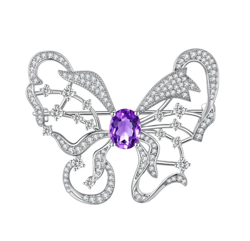 Broche prendedor con forma de mariposa de plata 925 y diamante púrpura simulado de 3 quilates Foto 2 de 4