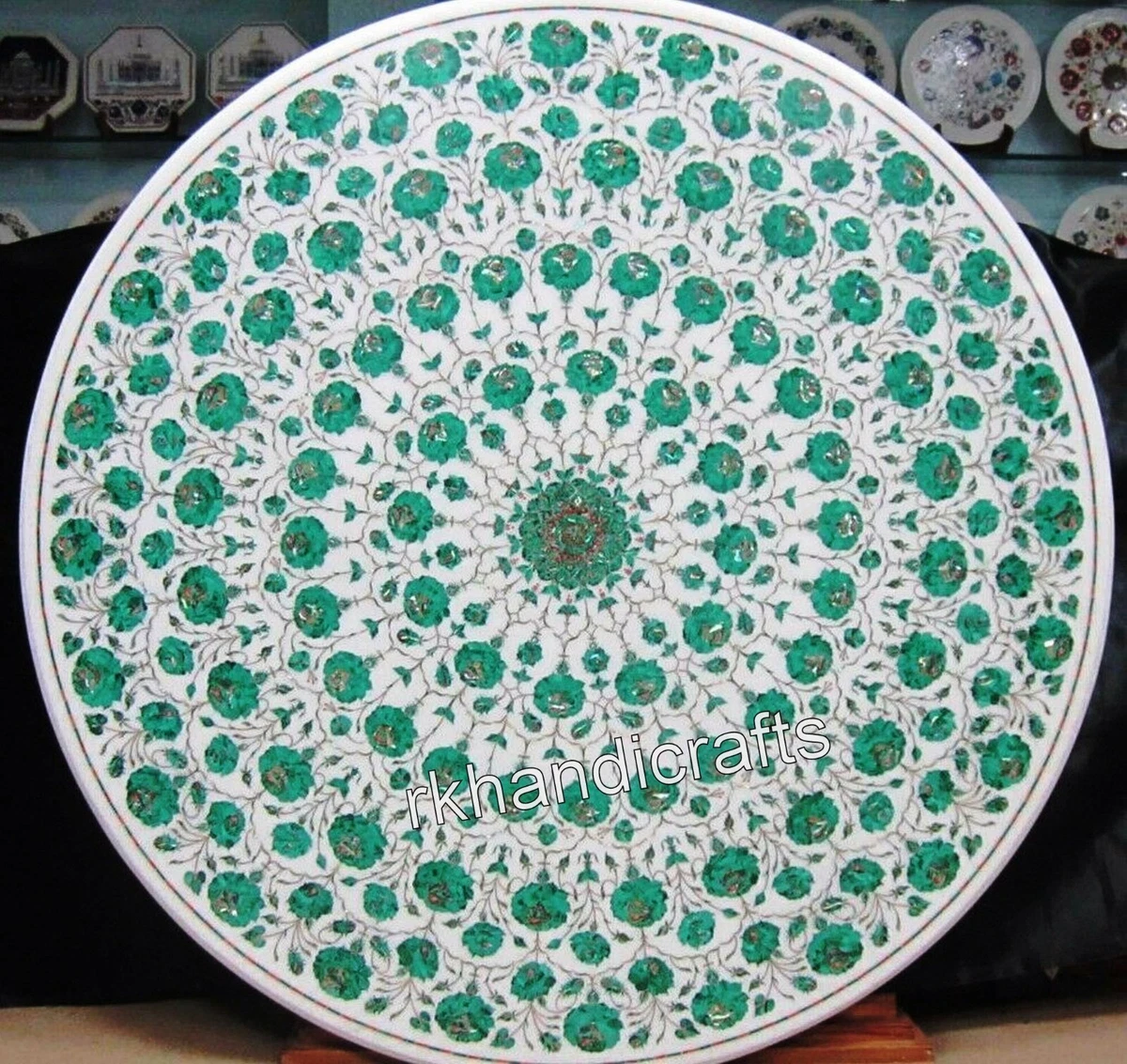 72 Inches Round Marble Dining Table Top Shiny Gemstone Inlay Work