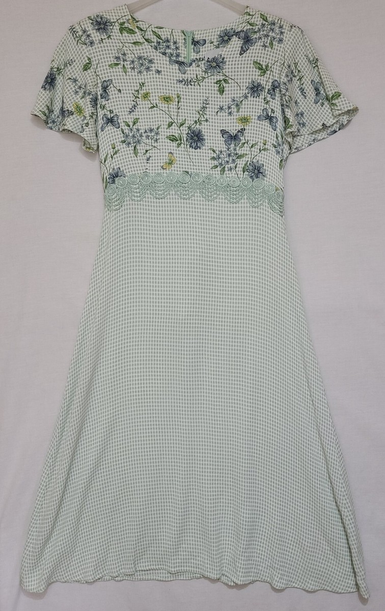 Vtg Another Thyme Green/White Gingham Check Floral Tie Back Maxi Dress Sz  16 | eBay