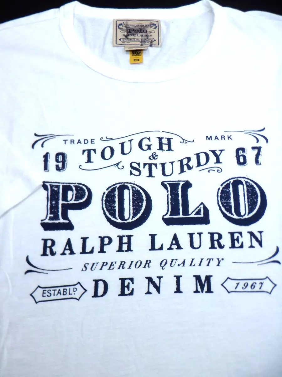 NEW POLO RALPH LAUREN CREW T SHIRT XL WHITE BLUE TOUGH STURDY SPELLOUT 1967