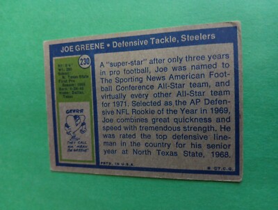 1972 Topps Joe Greene Pittsburgh Steelers #230 Football Card | eBay