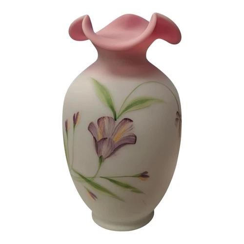 Fenton 5675 UG Lily on Burmese Vase – LE #31 or #32/2750 – Hand Painted, Signed