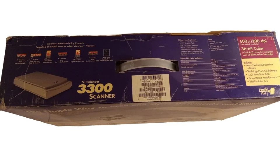 VISIONEER 3300 FLATBED SCANNER - NEW IN BOX - PARALLEL PORT, COMPLETE.   - Image 2 of 4