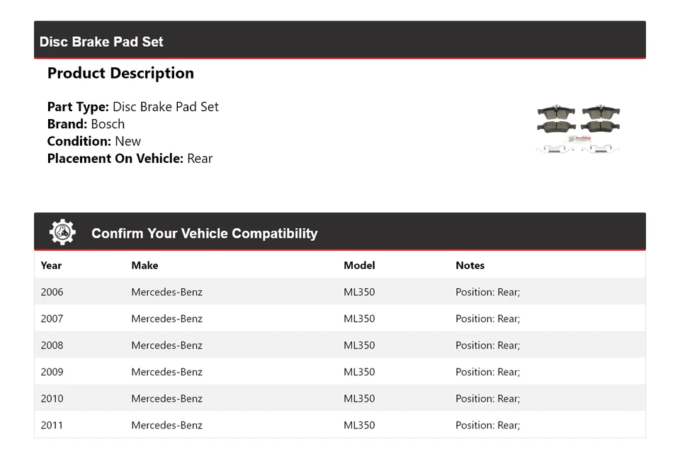 Pastillas de freno traseras de cerámica QuietCast 2007 2008 para Mercedes ML350 2006-2011 Bosch Foto 2 de 4