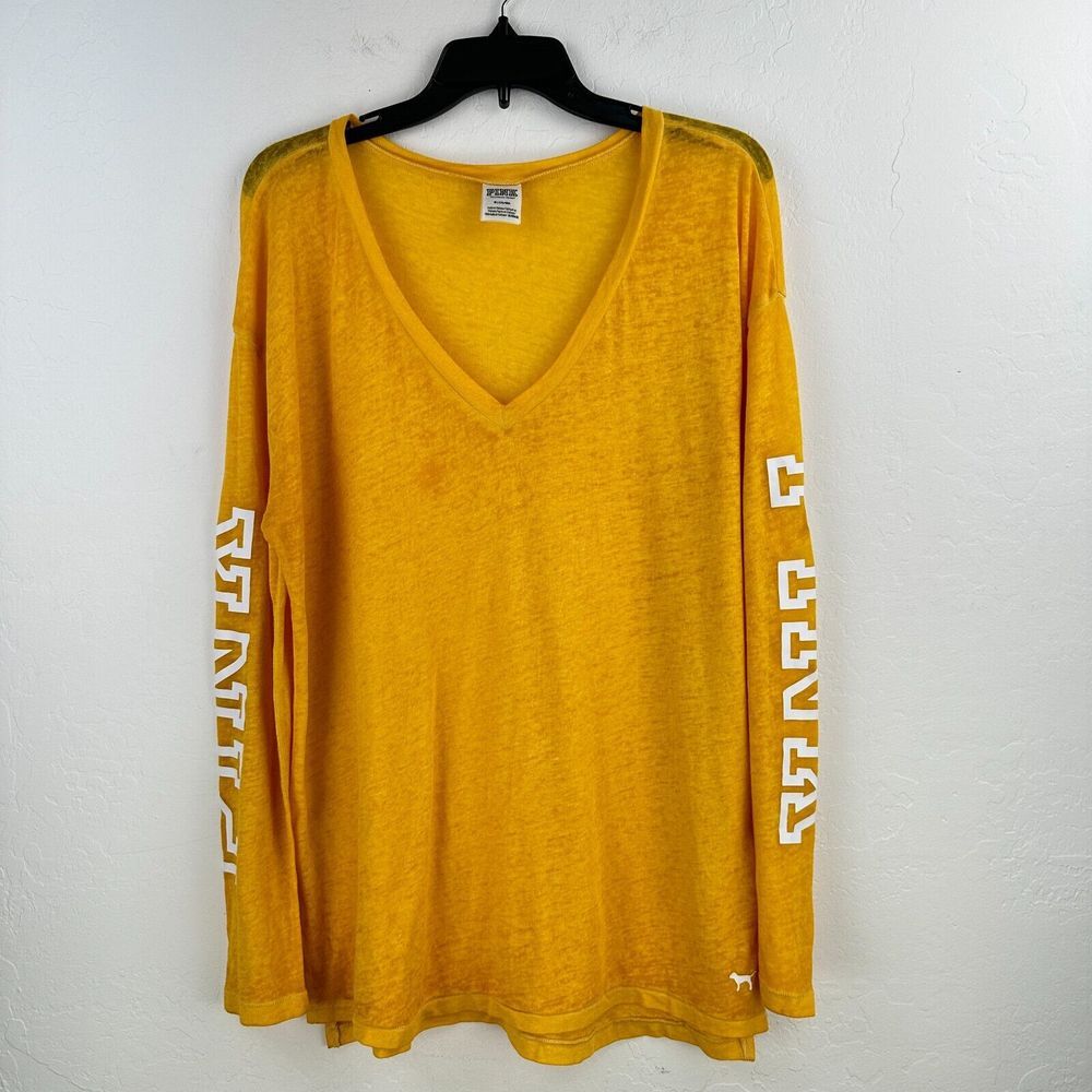 UNDERCOVER ROSA Victoria's Secret camicia donna M giallo bianco burnout maglietta scollo a V logo