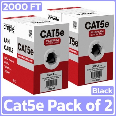 2 Pack Cat5e Ethernet Cable 1000ft Plenum CMP Solid 24AWG UTP Pull Box Black