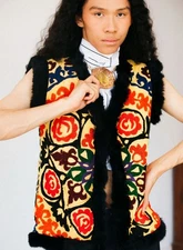 Handmade Uzbek Vintage Suzani Embroidery Chapan Vest Rabbit Fur ONE-OF-A-KIND