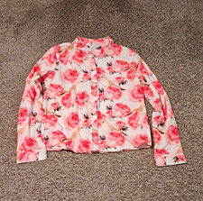 Women s White Pink Floral Collared Button-Down Long Sleeve Blouse, M