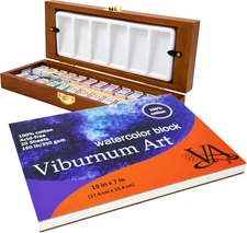 Professional Watercolor Paint Set - 24 Half Pan with #4 Synthetic Brush, Mixing 