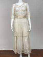 Antique Vintage 1910s Titanic Era White Silk Net Dress Satin Bow Scalloped Edges