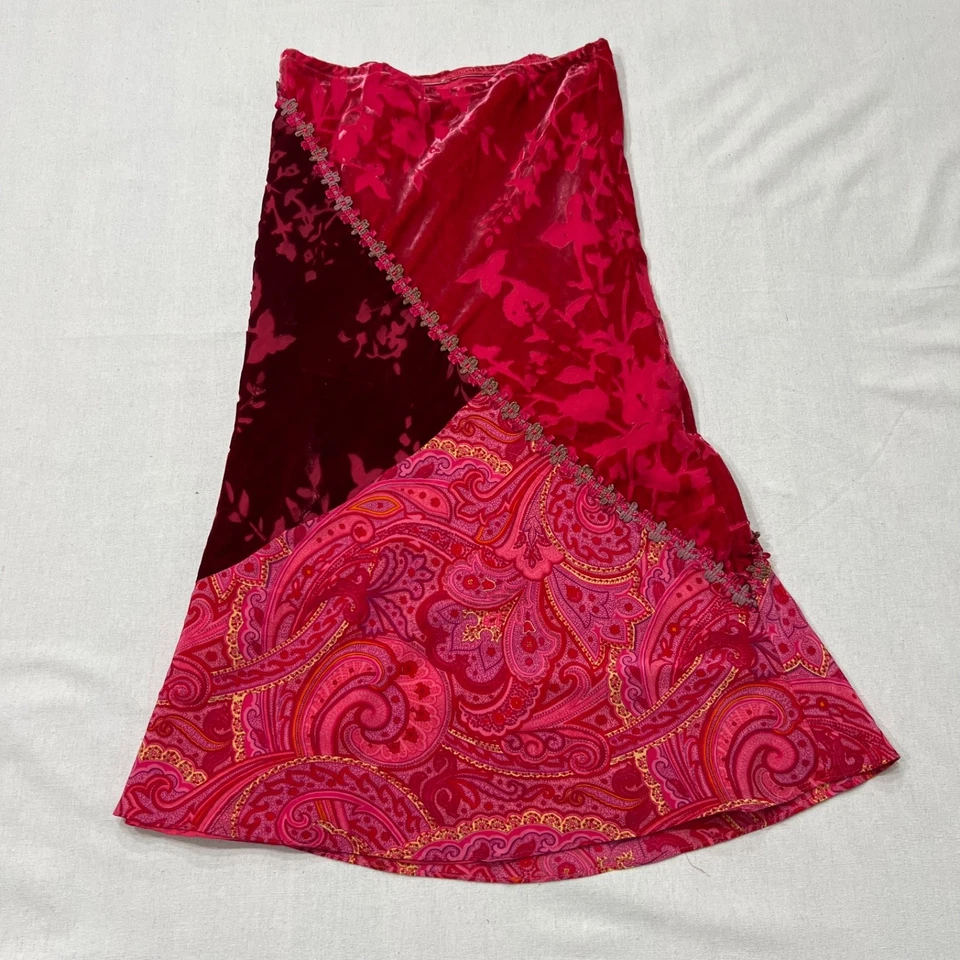 Falda Midi Vintage Y2K Boho Patchwork Seda Rosa Terciopelo Paisley Estampado Floral XS Foto 3 de 4