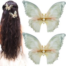 2 Pcs Green Butterfly Clips, 3D Moving Wings Butterfly Hair Clips, Pearl Stro...