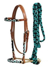 Showman Bosal Headstall w/ Beaded Overlay  Black/Teal Mecate Reins
