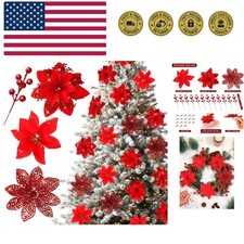 30pcs Poinsettia Artificial Christmas Flowers Decorations with Clips and Berr...