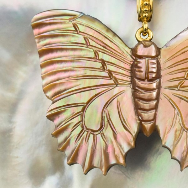 Alternate view of Carved Multicolor Shell Butterfly Pendant Gold Vermeil Sterling Silver 7.34g