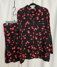 Victorias Secret Pajama Set 2 Piece Black  Red Rose Petals Flannel Cotton Sz L