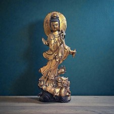 Antique Guanyin Riding Dragon Carved Wood Scu...