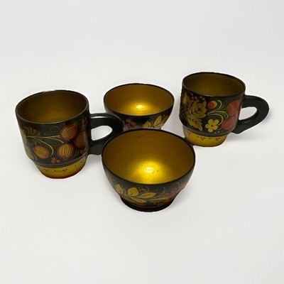 Vintage Sowjetische Khokhloma Lackgeschirr Tassen Schüsseln Set Semenov UdSSR um 1984