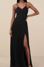 Lulus Black Maxi Dress Long Chiffon V-Neck with tie Sleeveless Side Slit L NWT