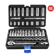 45 Pieces 3/8" Drive Socket Set W/ 72-Tooth Pear Head Ratchet Durable Strong New