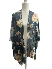 Emerald Teal Floral Sheer Lightweight Beach Swim Cover Up Feminine One Size