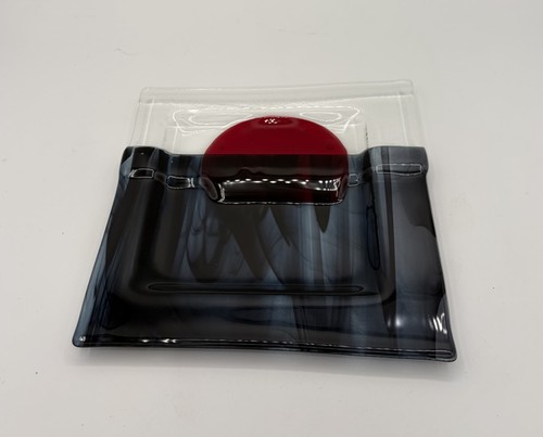 Red Jellyfish Sun Abstract Gray Swirl Fused Art Glass Plate 7"
