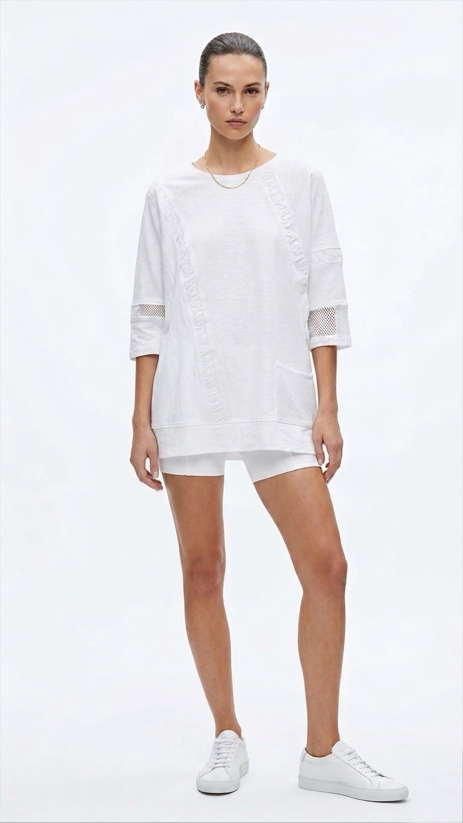 Womens 100% Cotton French Terry Top with Mesh and Textured Sleeves - White-XS