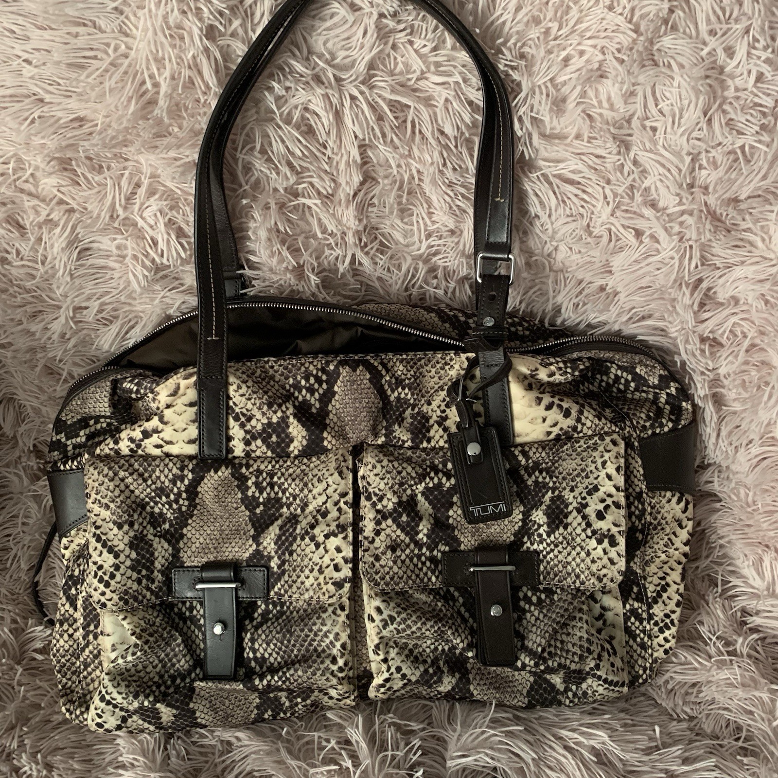 TUMI Nylon Tote Bag Python Print Leather Straps 1… - image 1