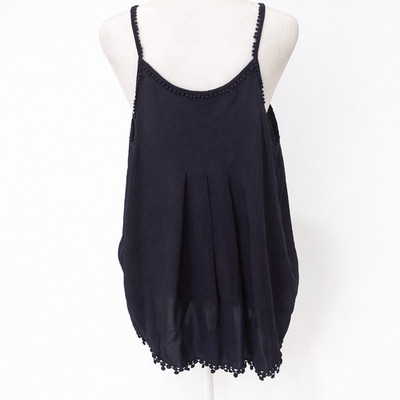 Stylus Dark Navy Rayon Womens Cami Tank Top Pom Pom Trim Boho Flowy Summer  1X