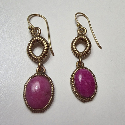Barse Pink Oval Bezel Cabochon Dangle Drop Hook Earrings Gold Tone Thailand