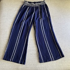 Indigo Rein Pants Women's L Blue Wh Striped Wide Leg Linen/Rayon Pull On Elastic