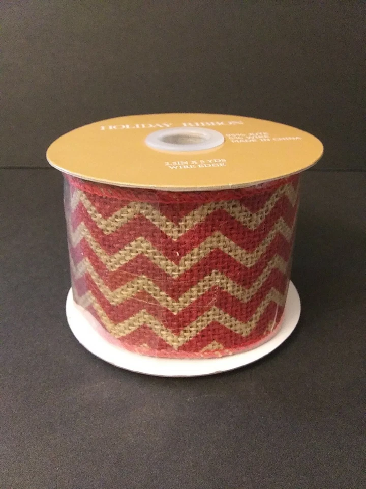 NEW RED Chevron Burlap Ribbon 1.5"x9 FT Farmhouse Holiday Floral Wreath Bow Wire - Image 3 of 4
